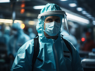 Healthcare worker dressed in safety equipment in a crowded hospital, blurred background