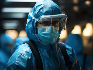 Healthcare worker dressed in safety equipment in a crowded hospital, blurred background