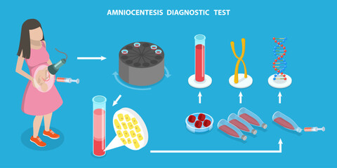 3D Isometric Flat Vector Illustration of Amniocentesis Diagnostic Test, DNA Gene Exam