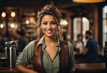 beautiful women bartender, bar and beer on the background - obrazy, fototapety, plakaty
