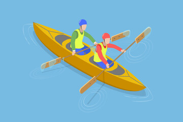3D Isometric Flat Vector Illustration of Rafting Sport Competition, Extreme Activity at River Stream