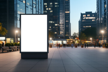 Blank City Format (CityLight, Lightposter) Billboard Pylon. Urban Evening in Public Place. Blurred Background with High-Rise Buildings. Mock-up with Copy Space for Marketing and Advertising