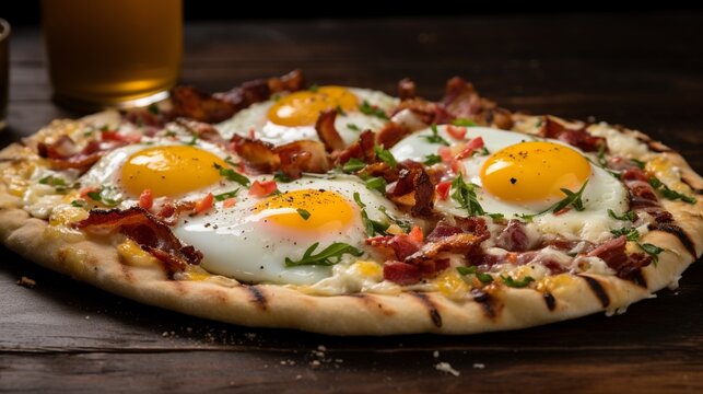 an image of a breakfast flatbread with eggs, bacon, and cheese