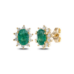 Green emerald earrings with diamonds on a white background.