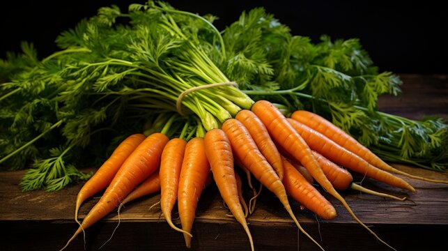 an image of a bunch of fresh carrots with vibrant orange hues and leafy green tops
