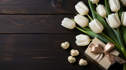 Happy birthday banner with bouquet of tulips and gift box on black background. 3d realistic style. - Powered by Adobe