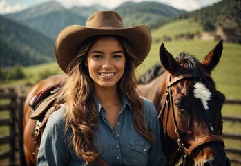 Foto op Canvas Cowgirl riding a horse, mountain farm on the background © MochSjamsul