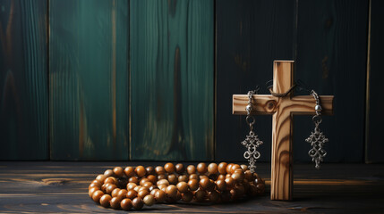 Beads with cross on the dark stone table background