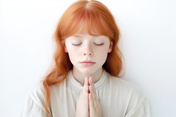 Red hair girl on knees holding hands and praying in the morning, pastel neutral background. Christianity, faith, spirituality, religion, salvation, peace, faith concept. Kid praying to God