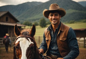 Cowboy riding a horse, mountain farm on the background