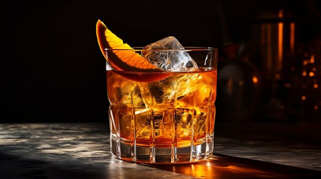 an image of a classic old-fashioned cocktail in a rocks glass with an orange twist