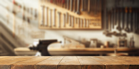 Worn old wooden table and workshop interior. Retro vintage photo of background and mockup. Sun light and dark shadows. - 682422806