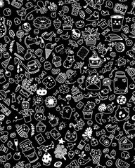 Seamless pattern with hand-drawn elements of ice cream cakes, fruits and plants.  Typographic design, black background.
