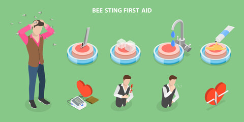 3D Isometric Flat Vector Illustration of Bee Sting First Aid, Anaphylactic Warning Signs