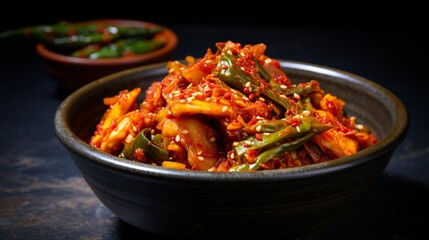 an image of a colorful bowl of spicy kimchi with vibrant red chili paste