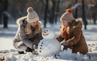 rodzinne zimowe zabawy na śniegu, lepienie bałwana z rodzicami. - obrazy, fototapety, plakaty