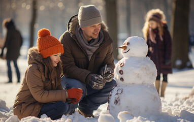 rodzinne zimowe zabawy na śniegu, lepienie bałwana z rodzicami. - obrazy, fototapety, plakaty