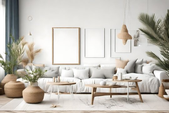 Mock up poster frame in modern interior background, livingroom, Scandinavian style, 3D render