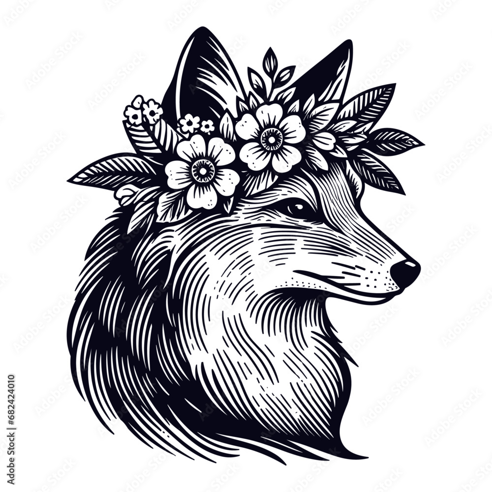 Wall mural beautiful fox wearing a floral wreath sketch