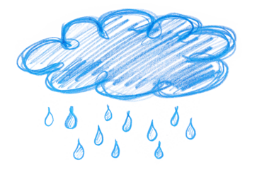 Icon cloud with raindrops, hand draw wooden crayons isolated on white, clipping
