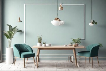 Mockup poster in the interior with a table in trendy colors