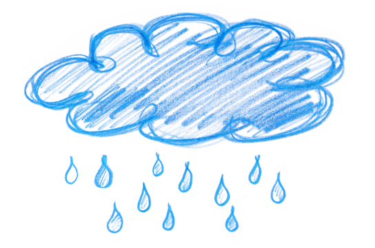 Icon cloud with raindrops, hand draw wooden crayons isolated on white, clipping