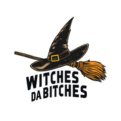 Hola Witches, lettering, hat and broom, vector illustration. © Lion