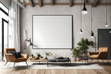 Mock up poster frame in modern interior background, livingroom, Scandinavian style, 3D rende