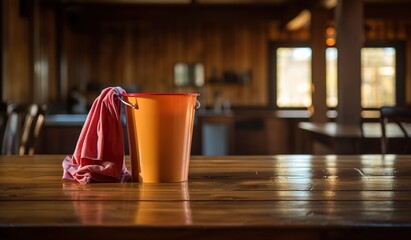 Behind the scenes: cleaning bucket on a wooden table in a bar - obrazy, fototapety, plakaty