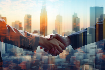 Double exposure of a business handshake overlaying a cityscape, Business people shaking hands, Generative AI