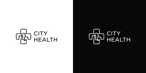 City Health Logo Design. Cross Health and Buliding. SYmbol Icon Vector Illustration.