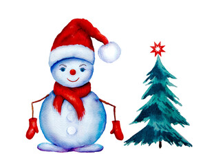 Merry Christmas background with green  fir  tree and snowman.