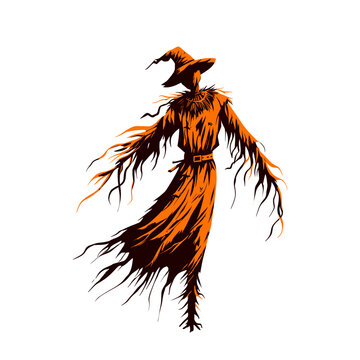 recommend clip art: Scary halloween scarecrow orange silhouette vector illustration. Happy Halloween, creepy creature. Harvest, autumn season.