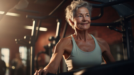 Fototapeta na wymiar Older senior grandma working out at gym with weights on machine. Concept of Active aging, senior fitness, gym workout, strength training, weightlifting, healthy lifestyle, exercise equipment, fitness.