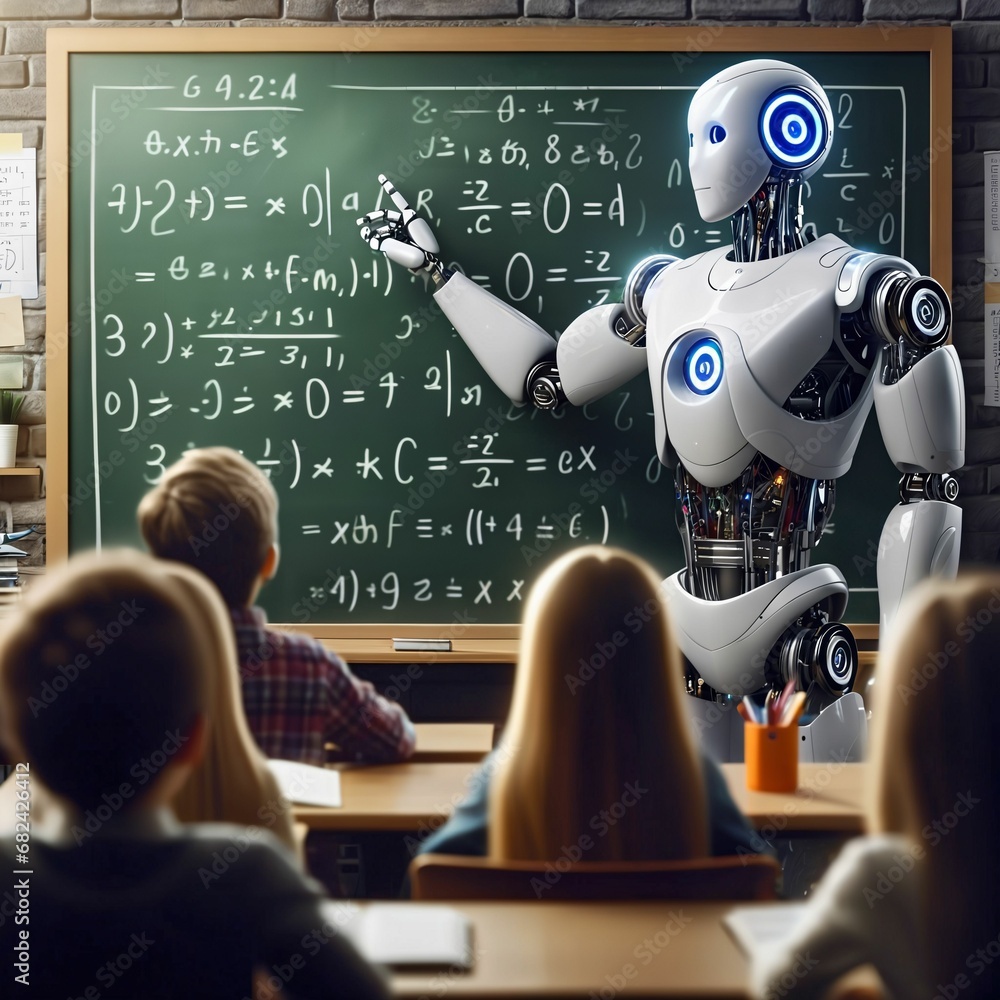 Poster humanoid education robot teaching pupils in a school classroom. children and humanoid robot teacher.