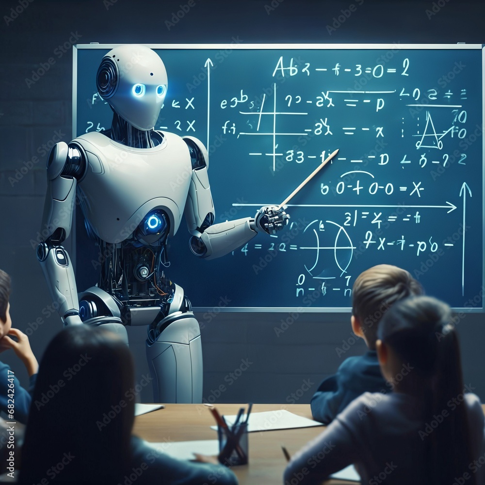 Poster humanoid education robot teaching pupils in a school classroom. children and humanoid robot teacher.