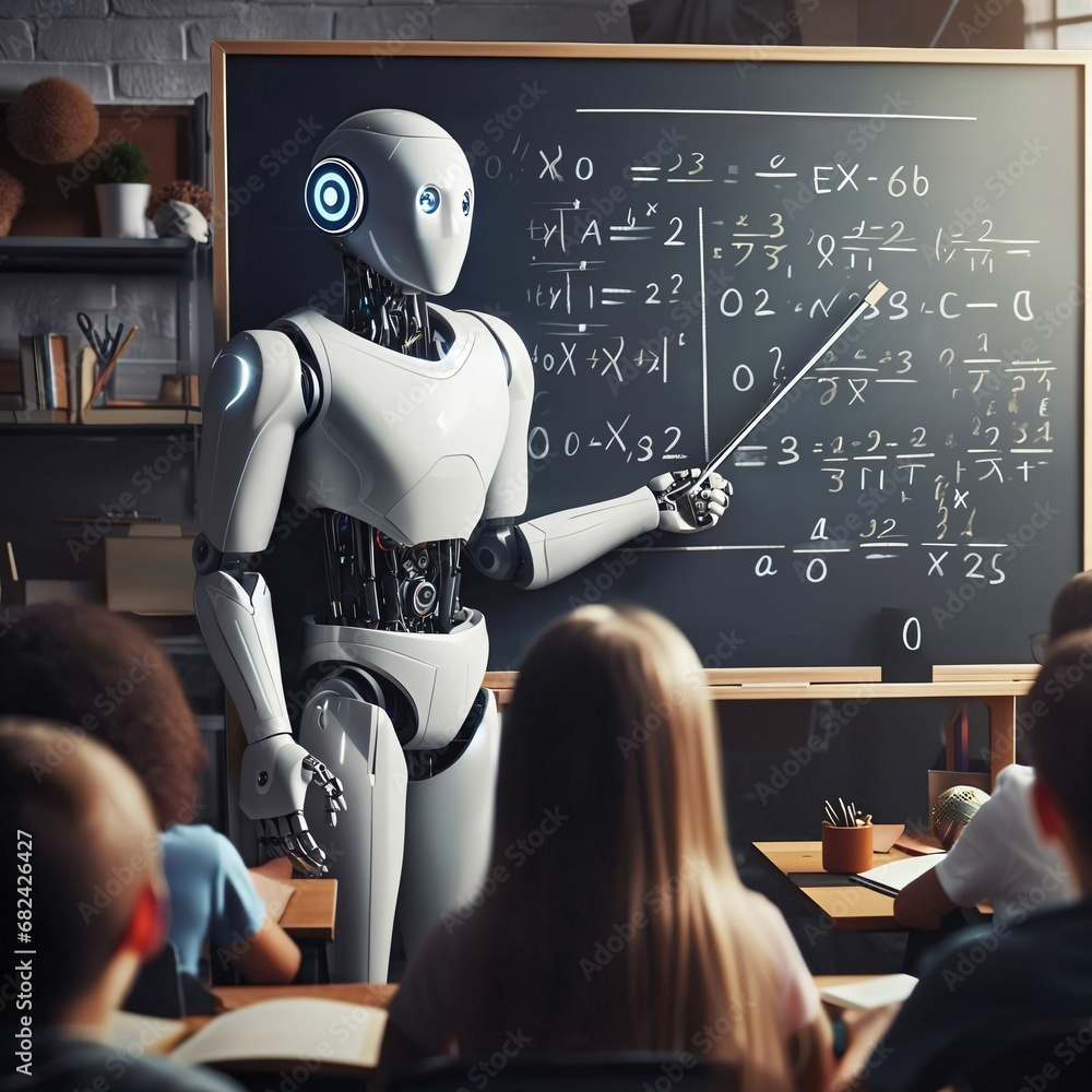 Poster humanoid education robot teaching pupils in a school classroom. children and humanoid robot teacher.