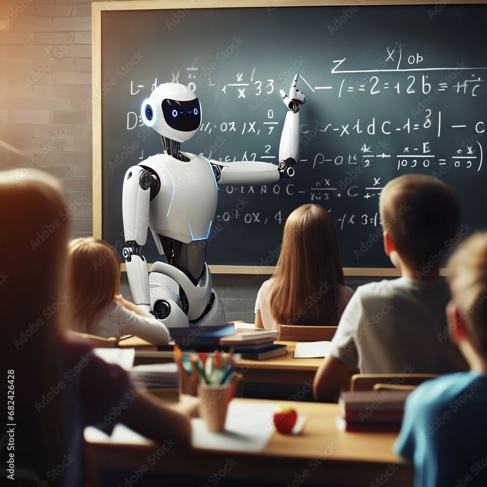 Poster humanoid education robot teaching pupils in a school classroom. children and humanoid robot teacher.