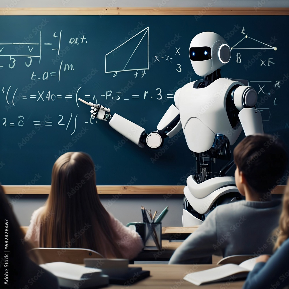 Poster humanoid education robot teaching pupils in a school classroom. children and humanoid robot teacher.