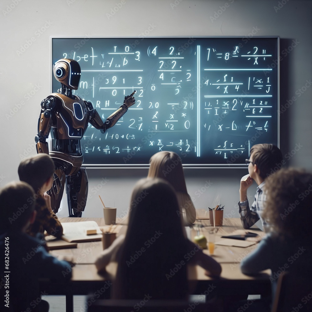 Aufkleber humanoid education robot teaching pupils in a school classroom. children and humanoid robot teacher.