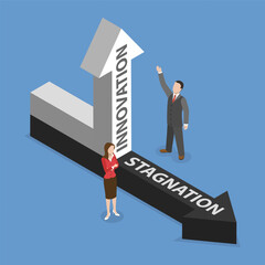 Fototapeta premium 3D Isometric Flat Vector Illustration of Innovation and Stagnation, Obstacles and Limitations VS Development