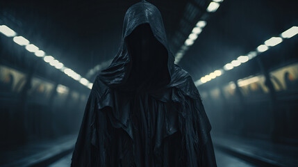 Hooded Figure in Empty Subway Station. Dangerous . Black Clothing. Concept of Moody, Scary, Ominous, and Dark Entity. Grim Reaper Like. Portrait Close Up.