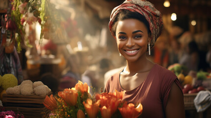 Ghanaian Woman Wearing Apron Selling Flowers at the Market  - obrazy, fototapety, plakaty