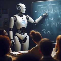 Humanoid education robot teaching pupils in a school classroom. Children and humanoid robot teacher. Artificial intelligence. Students in high-tech classroom. LLM. AI-powered education. Generative AI - obrazy, fototapety, plakaty