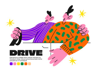 Cartoon characters driving a car.People driving a car,travel,vacation in 90s retro style.Vector illustration