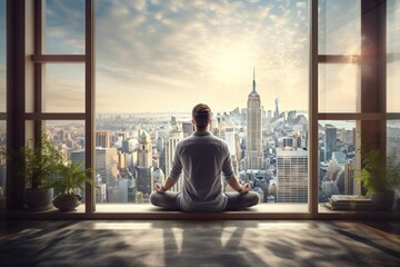 A man meditates in the lotus position against the backdrop of a metropolis, tall buildings outside...