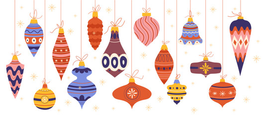 Set Christmas tree decorations in cartoon retro style of the 90s. New Year's balls for the tree, garlands. Holiday stickers
