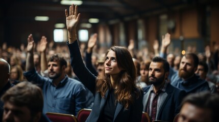 At a professional business seminar, a diverse audience raises their hands in an important decision