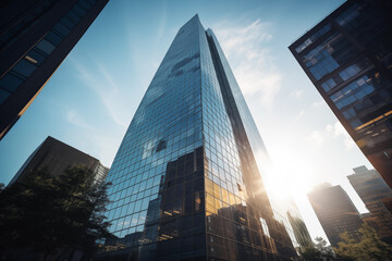 A modern corporate skyscraper gleaming in the sunlight, Low angle view of skyscrapers, Generative AI