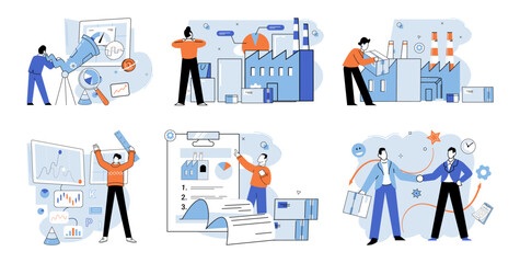 Process management. Vector illustration. Monitoring and analyzing progress are critical for successful process management The process management metaphor provides visual representation complex systems